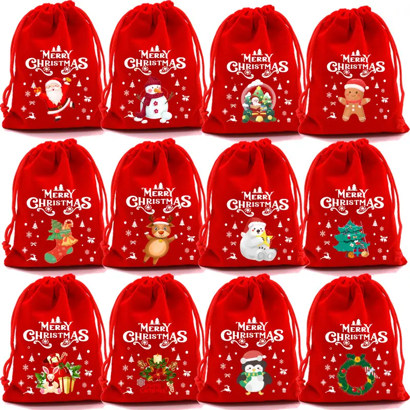 Merry Christmas Velvet Bags 9x12 10x16cm 13x18cm Drawstring Pouch Candy Gift Bag Favor Boutique Packaging Bags