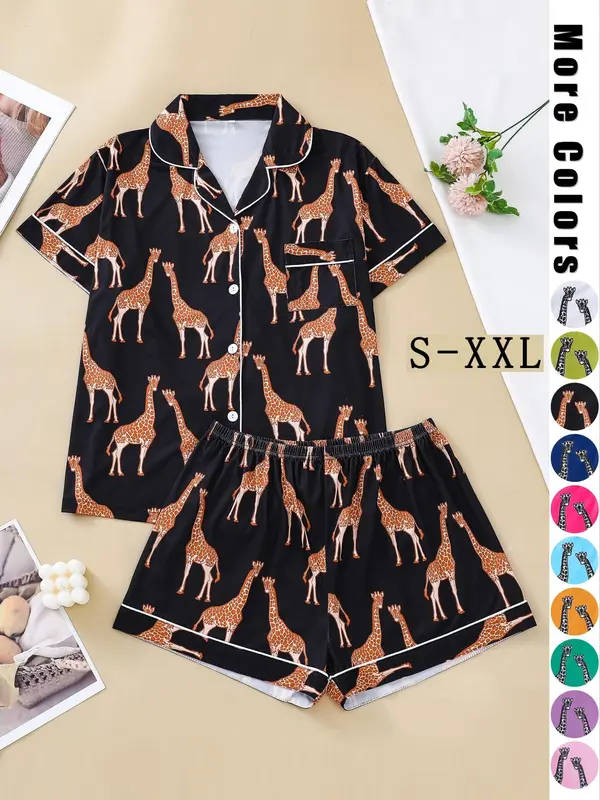 Women's Cartoon Giraffe Print Pyjama Set, Button Front Lapel Shirt Tops & Shorts Loungewear Set, Pjs Pajama Set for Women, Shortsleeve Homewear, Lounge Sets, Hide Tummy Wear Uk, Womenswear, Womens Clothes, Premium Fabric 0