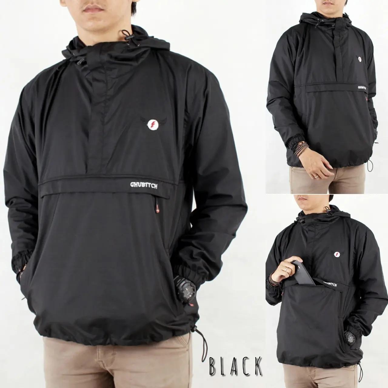 GHUBITCH Jaket Cagoule Unisex Jumbo M L XL XXL 3XL Waterproof Original Jaket Outdoor Kantong Depan Art Logo Bordir Taslan RJN Premium Salur Waterproof Jaket Parasut Cagoule Pria Wanita