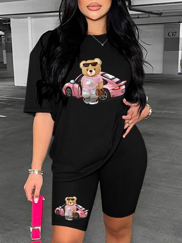 Cartoon Bear Graphic Print Short Sleeve T-shirt & Elastic Waist Shorts Set, Y2k Outfits Streetwear Casual Round Neck Tee & Skinny Shorts for Summer, Summer Outfits 2024, 2 Piece Sets, Co Ords for Women, Two Piece Set Women, Outfits To Hide Tummy Uk 8