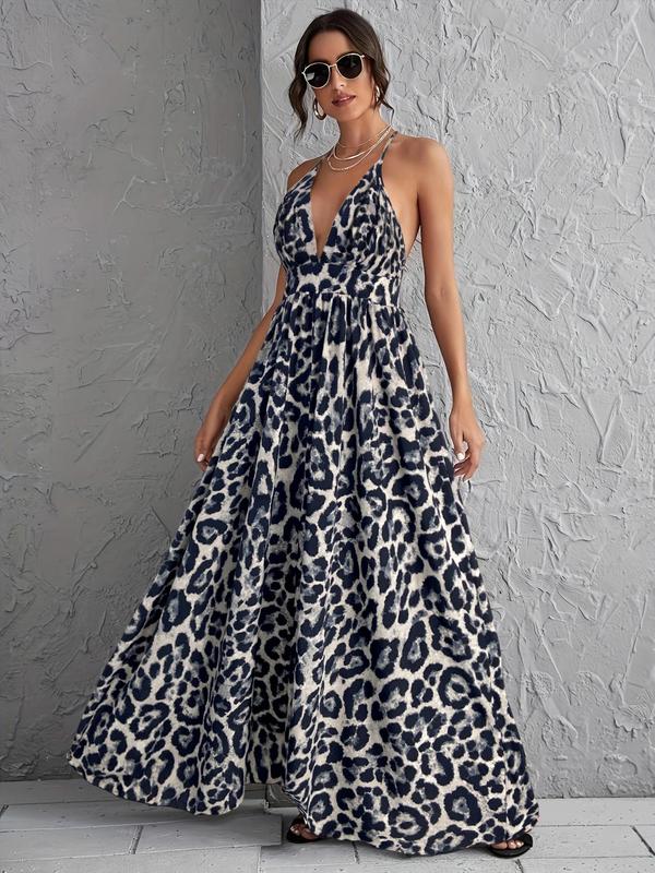 Women's Leopard Print Backless Dress, Fashion Casual Sleeveless Dress for Daily Outdoor Wear, Women Dress for Summer 2