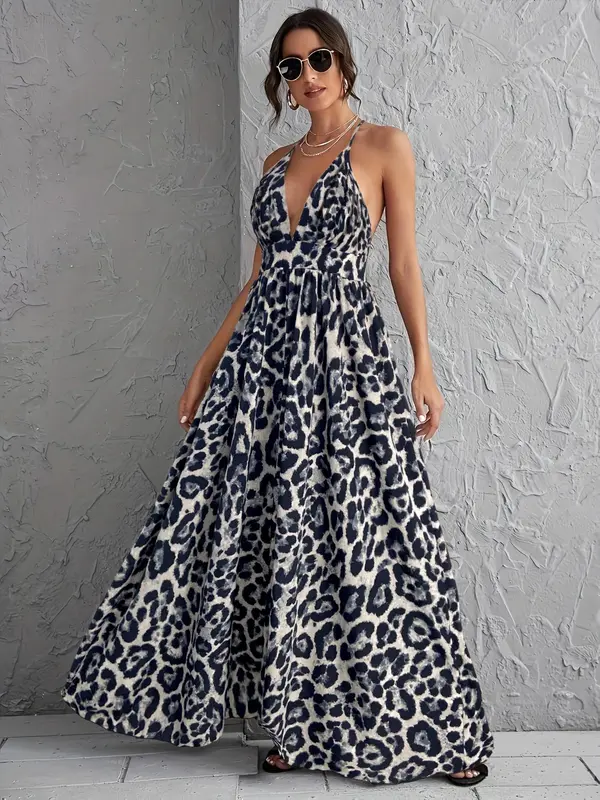 Women's Leopard Print Backless Dress, Fashion Casual Sleeveless Dress for Daily Outdoor Wear, Women Dress for Summer 2