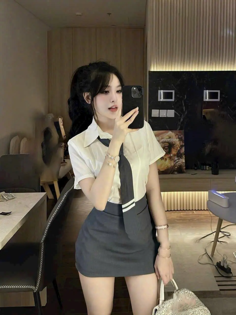 Sét áo đũi vân mây mix chân váy kaki (có lót) kèm cà vạt,thời trang nữ xinh xắn cho nàng Women Top Kem