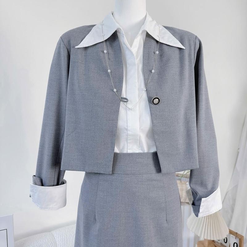 [Kim Clothing] Set 3 món áo sơ mi tay dài cổ bẻ + áo blazer croptop gài nút + chân váy bút chì 7