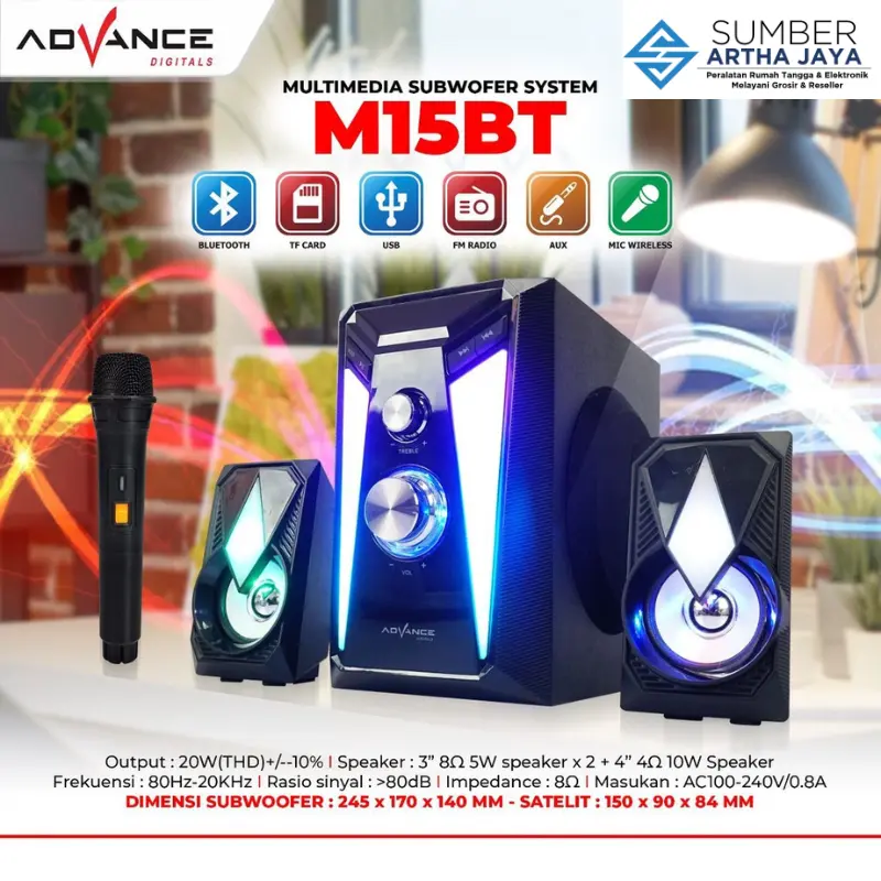 ADVANCE Bluetooth Speaker  M15BT  Karaoke Aux, SD Card, USB/Flashdisk dengan Microphone Laptop Pc Bass