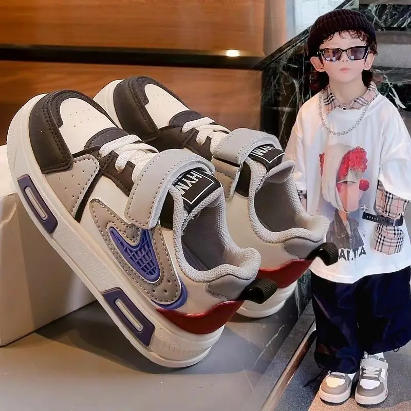 Boy Shoes 2024 Spring and Autumn New Children's Sneakers Sneaker Soft Bottom Leather Surface Casual Shoes Medium and Big Children Hip-Hop Shoes