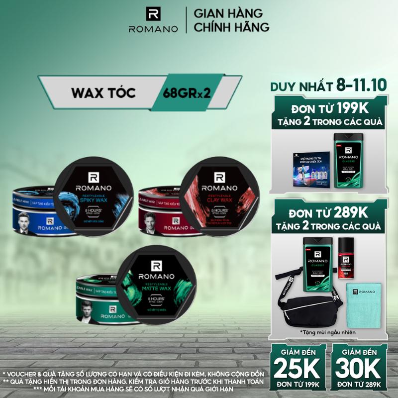 [ĐƠN 199K TẶNG 2 QUÀ] Combo 2 Wax tạo kiểu tóc Dưỡng Tóc khóa nếp suốt 8 giờ - Công nghệ Style-lock cho nam Romano Restyleable 68g/hộp