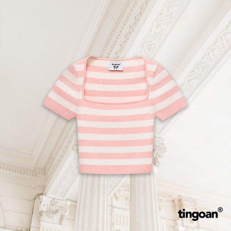 TINGOAN x TIKTOKSHOP - Áo len nm crop lửng ngắn tay cổ vuông fg kẻ trắng hồng BORA BORA TOP/PK phiên bản mới nhất tháng 2.2025