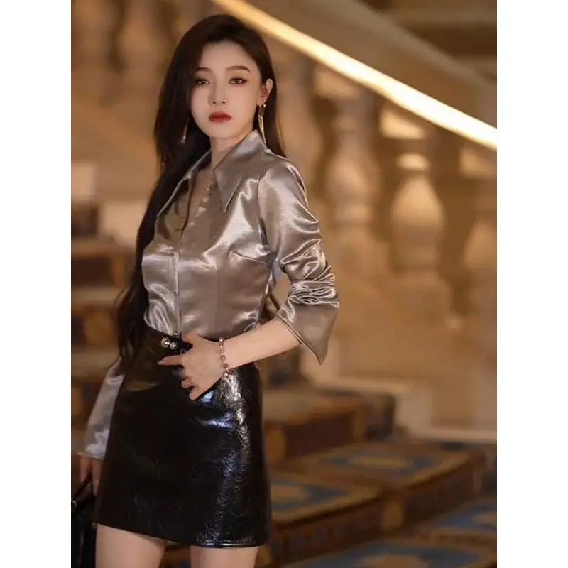 Áo Sơ Mi Satin Dài Tay Áo, Thanh Lịch Và Gợi Cảm, Cao Cấp, Phong Cách Thanh Lịch, Thích Hợp Cho Mùa Thu, Hàng Mới Về Năm 2024, Bộ Váy Bodycon Gợi Cảm, Dành Cho Nữ