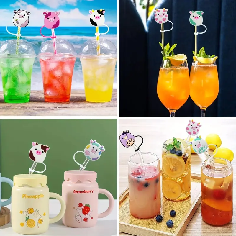 Cute Cartoon Animal Design Straw Lid, 4pcs/6pcs Reusable Silicone Straw Tip Cover for 7-8mm Straw, Drinkware Accessories 5