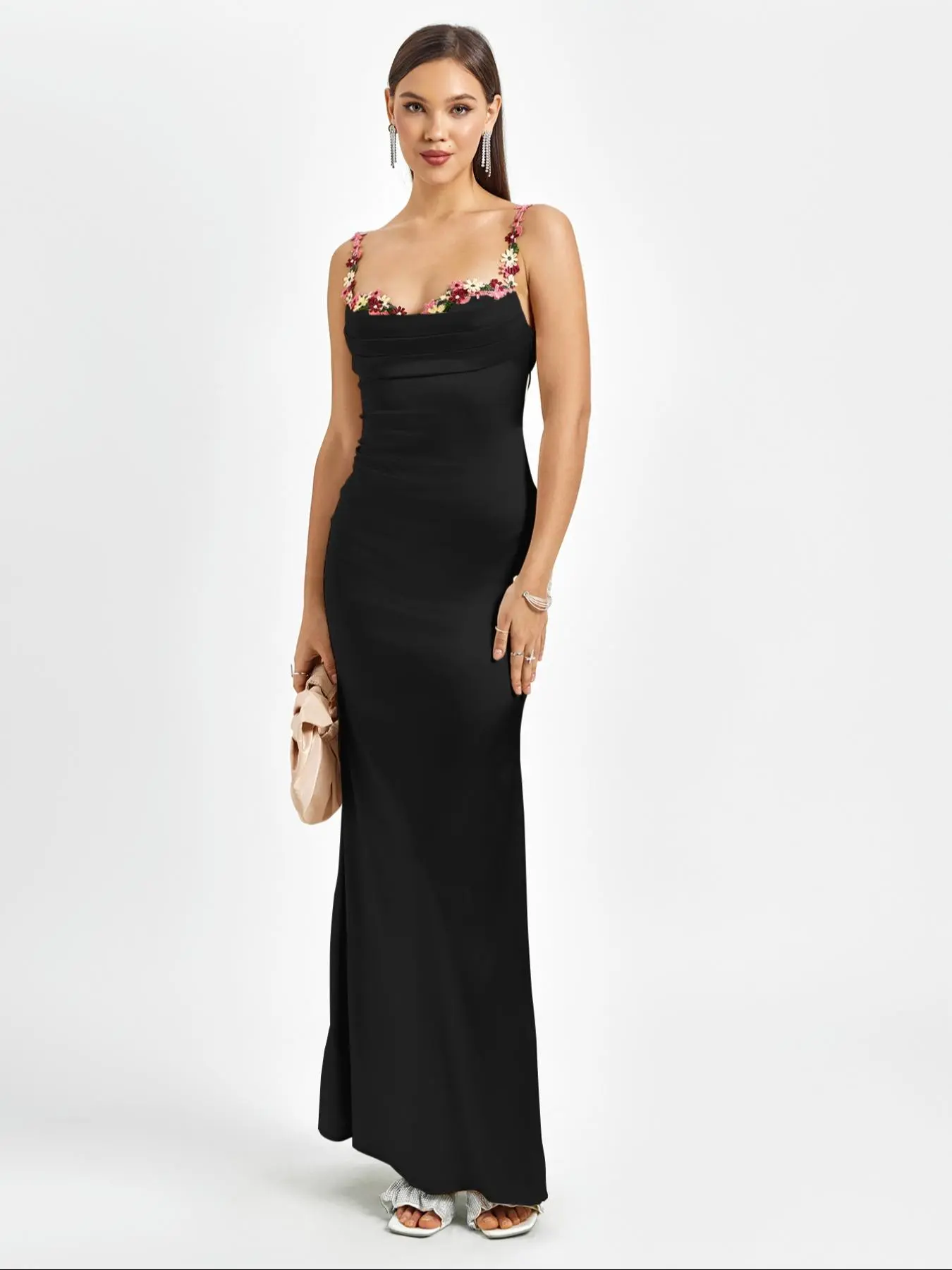 Women's Plain Flower Decor Ruched Backless Bodycon Cami Dress, Elegant Tie Back Sleeveless Maxi Dress for Party Club Dating Wear, Ladies Summer Clothes