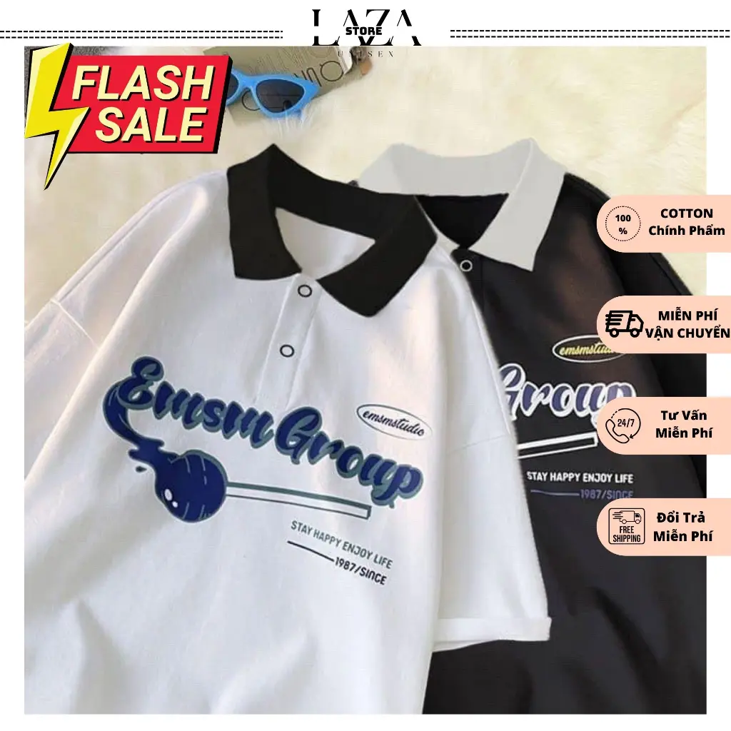 [Rẻ vô địch] Áo thun có cổ, áo polo form rộng nam nữ unisex tay lỡ dáng rộng Emsm group