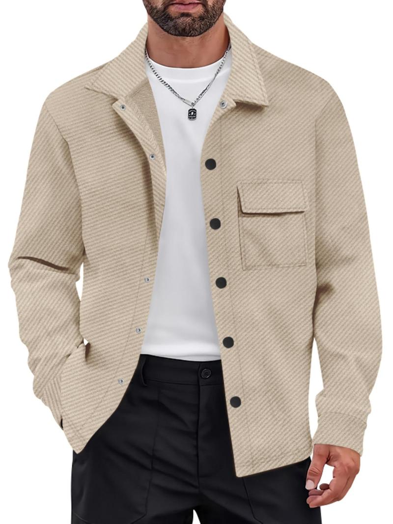 Product Introduction of Men's Solid Color Button Pocket Design Shirt, Regular Fit Casual Long Sleeve Collared Top for Spring & Fall, Fashion Men's Clothes for Daily Wear 7