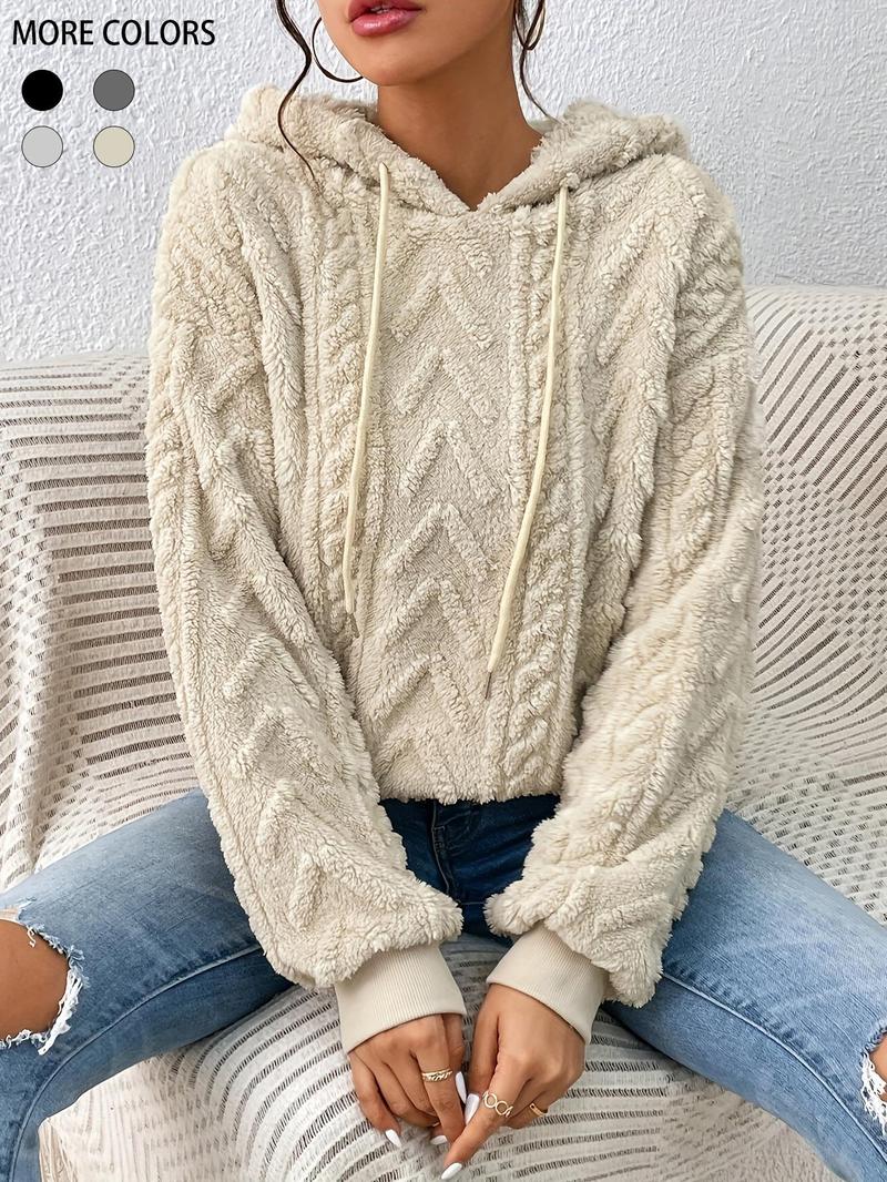 Product Introduction of Women's Plain Textured Drawstring Plush Hoodie, Fashion Casual Drop Shoulder Long Sleeve Hooded Sweatshirt for Daily Outdoor Wear, Yoga Hoodie, Women Clothing for Fall & Winter 3