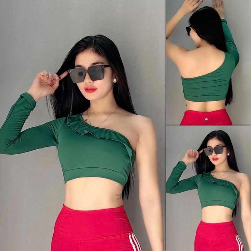 Áo Tập Thể Thao Nữ Tay Dài Lệch Vai Croptop Tập Gym Yoga Aerobic Thun Lạnh Cao Cấp Sport Tập Thể Dục Chạy Bộ Tập Yoga