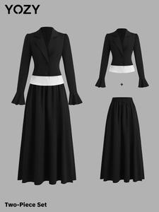 YOZY Women's Lapel Neck Blazer & A-line Skirt Two-piece Set, Elegant Fashion Casual Two Piece Outfits for Daily Outdoor Wear, Women Clothing for Spring & Fall