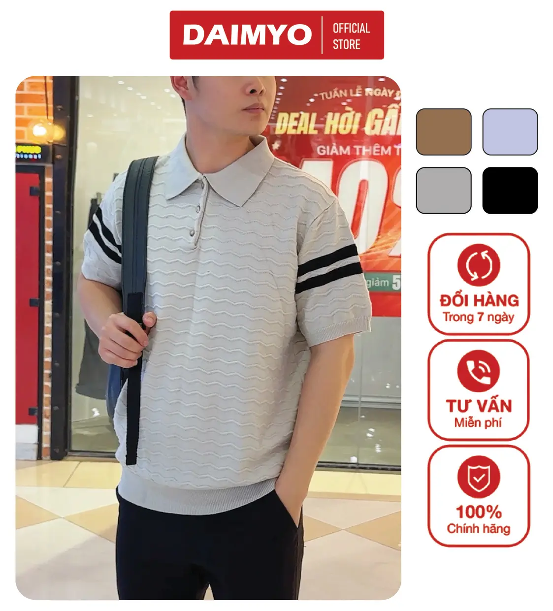 Polo Len Dệt Kim Cao Cấp Hoa Văn Lượn Sóng, DAIMYO, Cộc Tay, Có Kẻ Tay, Phong Cách Lịch Lãm, Sang Trọng, Chất Len Mềm Mại, Phù Hợp Mặc 4 Mùa