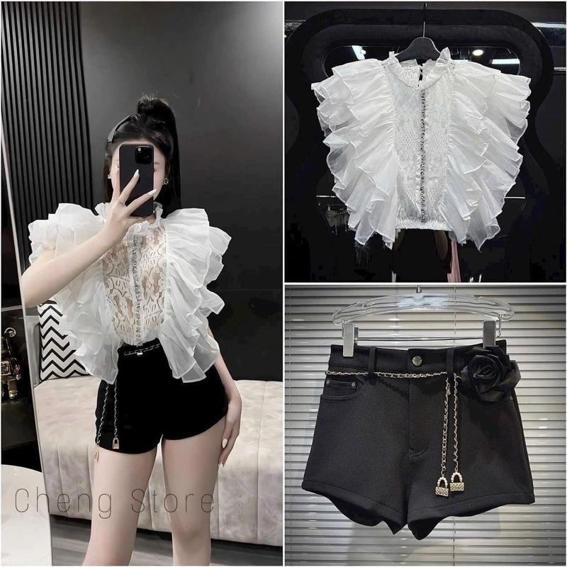 ( Tặng Kèm Đai + Hoa ) Combo quần sooc ( chất umi siêu tôn dáng ) + áo cánh hến nhún bèo tơ xếp tầng sang chảnh cá tính cho nàng đi chơi dự tiệc siu xinh Nữ   Áo chất ren mềm mịn