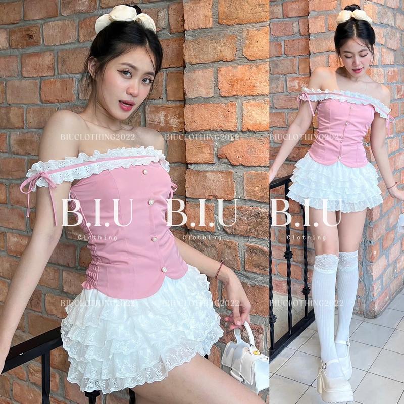 Set áo bẹt vai tay ren hoa chân váy tầng ren bánh bèo xinh đẹp nhẹ nhàng Ela Set Biu Clothing BB0365 Nữ Women Top Cotton