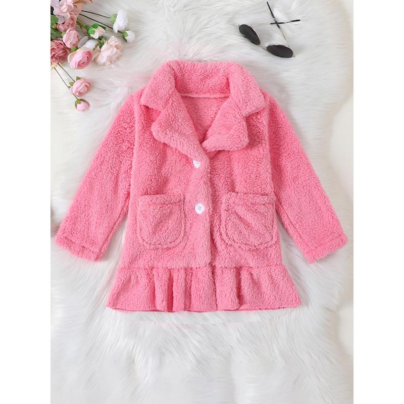 Girls Plush Jacket, Long Sleeve Turn-down Collar Button Closure Winter Jacket Casual Coat 3
