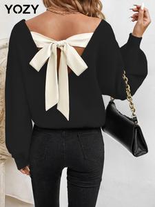 YOZY Women's Plain Bow Decor V Neck Sweater Pullover, Casual Drop Shoulder Long Sleeve Jumper, Women's Knitwear for Daily Wear