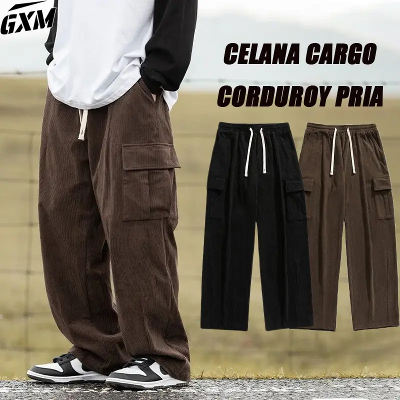 Celana cargo corduroy panjang pria tebal Celana panjang cowok keren celana hitam panjang pria karet korduroi celana gombrang pria celana vintage pria cokelat celana loose pants Celana Kargo Panjang Corduroy baggy pants  kasual pria korea
