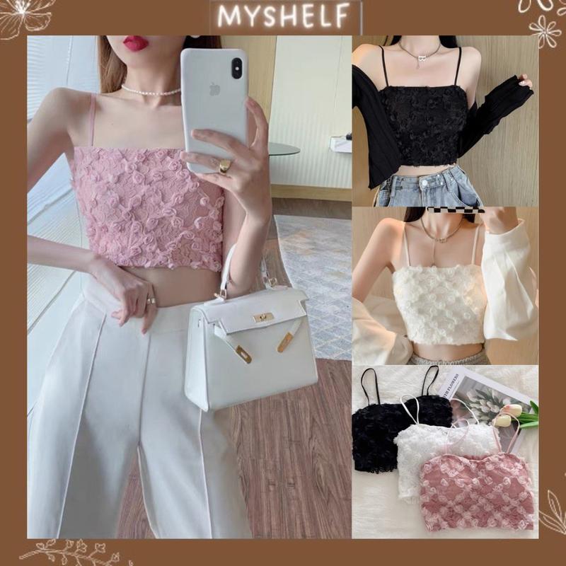 M74. Áo bra ren hoa hồng, áo 2 dây có mút ngực kiểu croptop sang chảnh 2023
