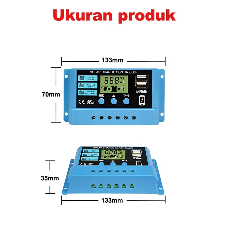 Pengontrol Pengisi Daya Surya Tampilan LED LCD PWM Surya 12V/24V 10A 20A 30A Panel USB Pengisi Daya Surya 7