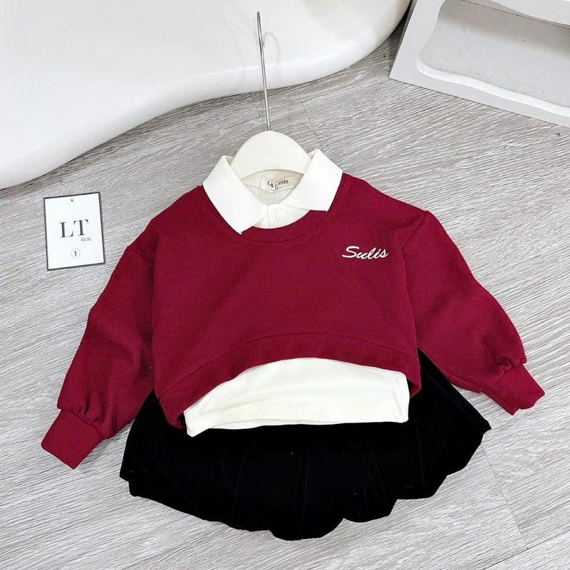 L99: Sét 3 chi tiết áo len lông thỏ kèm áo thun cổ bẻ + kèm chân váy nhung bí phồng bé gái 8-30kg