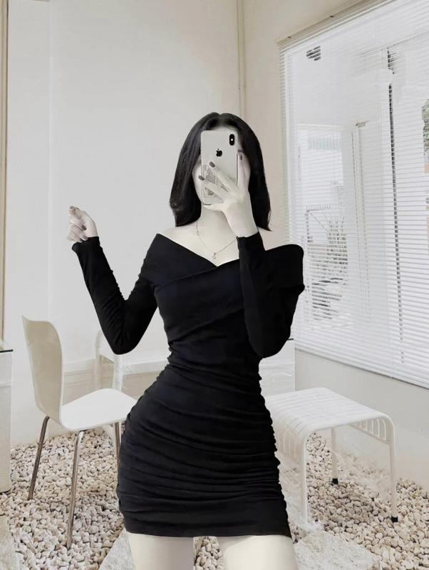 Đầm Váy body trễ vai nhún eo dài tay sang chảnh,váy cổ V ôm gọn tôn dáng