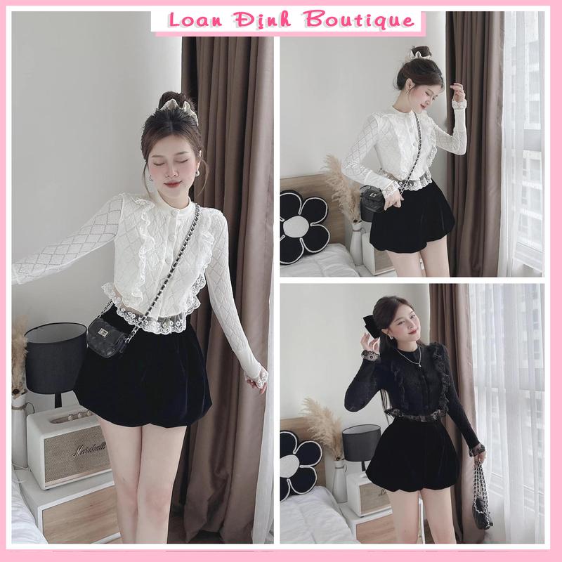 Set Đồ Bộ Áo Len Xốp Phối Ren Một Hàng Cúc Kết Hợp Quần Bí Nhung Bồng Bềnh By Loan Định Kem Nữ Women Loan Định Boutique LD069 Top Top