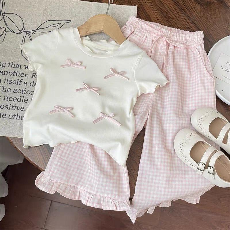Bloomkids-Áo Thun Ngắn Tay Có Nơ Trắng Cho Bé Gái, Quần Ống Rộng Ren Kẻ Sọc, Bộ Đồ Thoải Mái Cho Bé Gái 1-10 Tuổi, Có Thể Giặt Bằng Máy, Mùa Hè 1