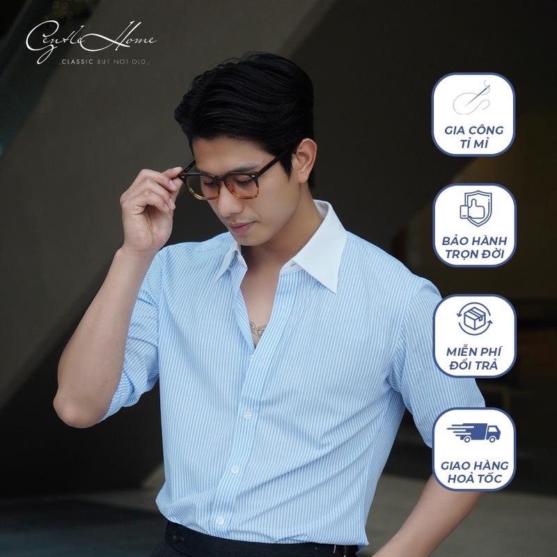 Sơ mi winchester kẻ xanh premium vải bamboo   trống nhăn cổ hiddenbutton Gentlehome Nam Áo