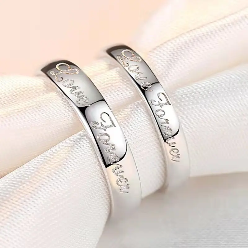 Nhẫn Tình Yêu, Thiết Kế Đơn Giản, 2 Cái / cặp Nhẫn Ngón Tay Có Thể Điều Chỉnh Làm Bằng Chất Liệu Bạc, Với Chữ Tình Nhân Geyue 3
