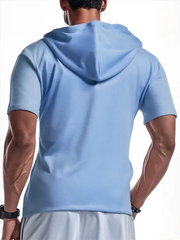 Men's Solid Zip Up Hooded Tee, Regular Fit Casual Breathable Short Sleeve T-shirt for Summer, Men's Top for Daily Wear, Sweatshirts 8