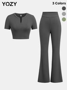 YOZY Women's Solid Ribbed Zipper Crop Top & High Waist Flare Leg Pants Set, Short Sleeve Round Neck Top & Bell Bottom Trousers