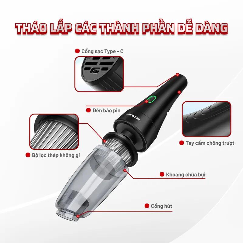 Máy hút bụi không dây Medicar - Lực hút cực mạnh 8500PA, Kết hợp đầu thổi bụi 6