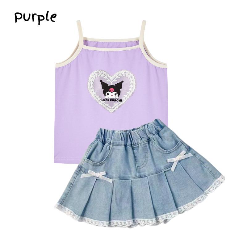 Girls Sets Kuromi Cute Lace Cartoon Slings Contrasting Color Tank Tops Sweet Bow Fashion Denim Skirts with Inner Shorts Kids Cool 2pcs 2