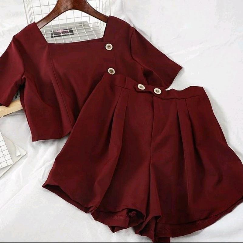 Set Claudia Setelan Baju dan Celana Kancing  Polos Lengan pendek 1