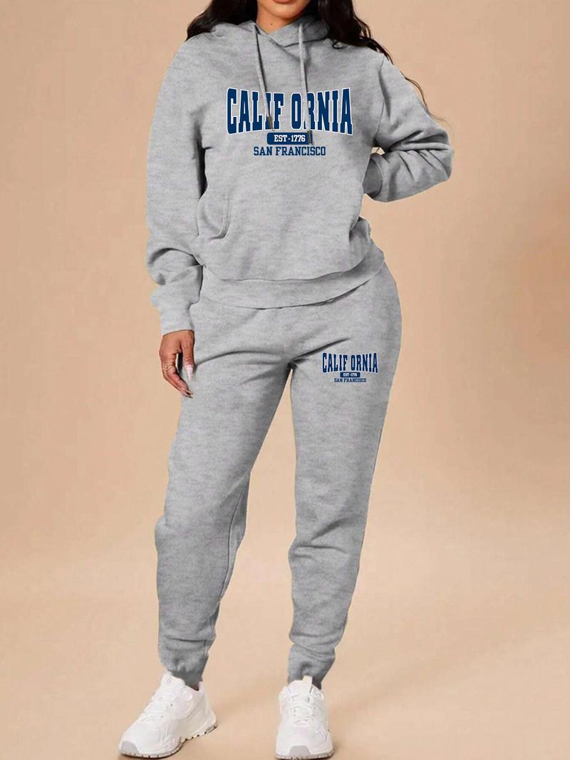 Product Introduction of 【Plus Size】 Letter Print Zip Up Hoodie & Sweatpants Set, Casual Long Sleeve Hooded Sweatshirt & Jogger Pants, Women's Fall & Winter Clothes 1