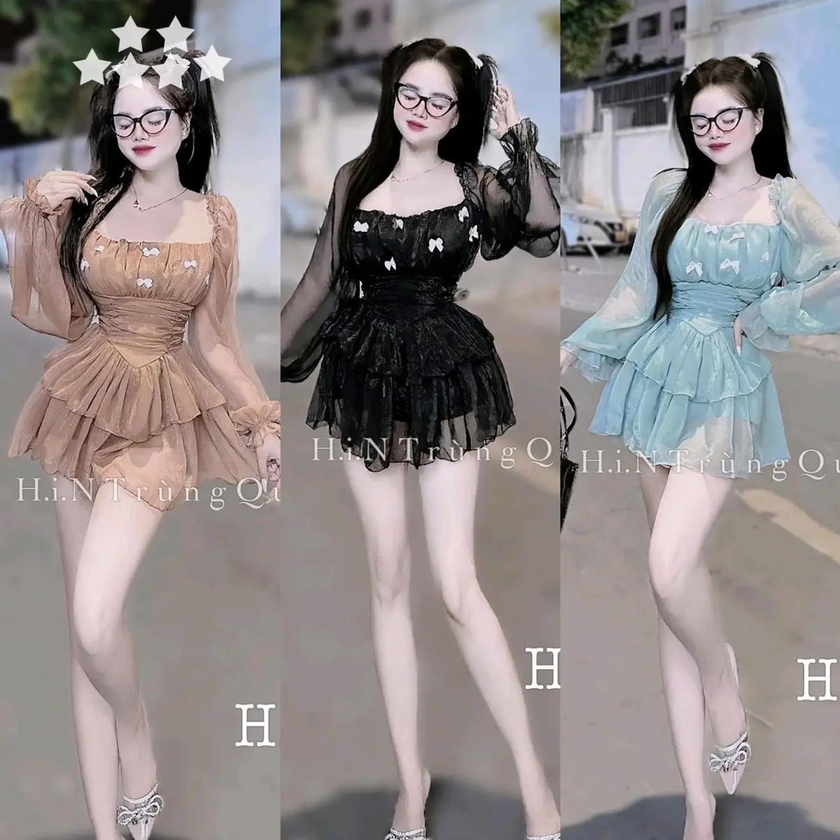Set áo voan tơ dài tay đính nơ ngực kèm chân váy xoè Kim Tuyến Women váy nâu tây sang chảnh Top Dress set đồ xinh nhẹ nhàng đi chơi, đi tiệc