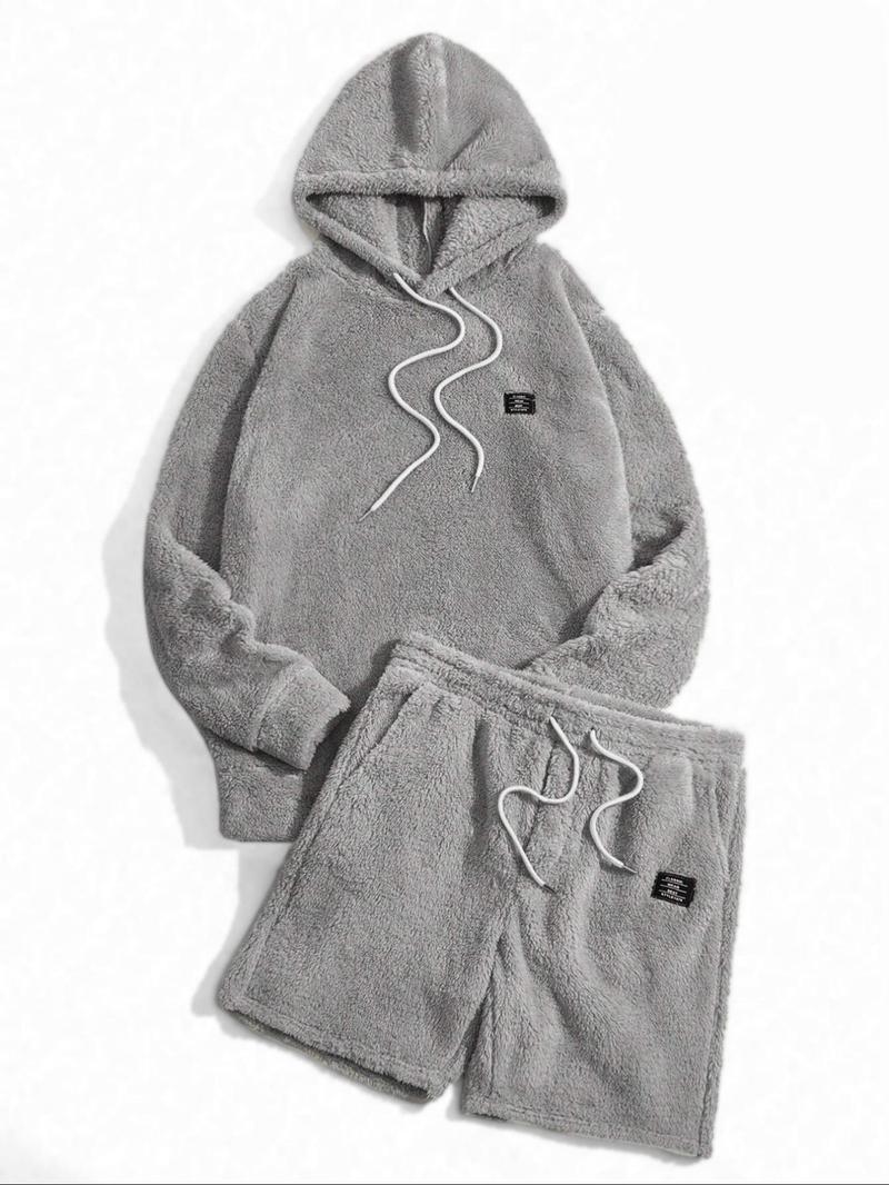 Product Introduction of Two-piece Set Men's Letter Patched Drop Shoulder Hoodie & Drawstring Waist Shorts Set, Men's Sweatsuit Set, Casual Fashion Cozy Regular Fit Outfits for Daily Outdoor Wear, Menswear, Men's Clothes Suits for Fall & Winter, Men's 2 Piece Set, Two Piece Men 4