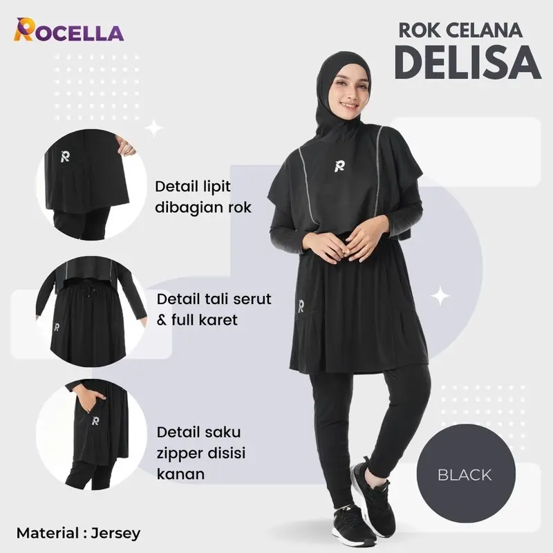 Rocella Setelan Olahraga Hijab Gloria dan Rok Celana Delisa Rocella Rok Celana Olahraga Pakaian Olahraga Outfit Olahraga Jogging Running Senam Lari Muslimah Muslim Baju gym berhijab Sporty Sport Wanita Panjang Hitam 2