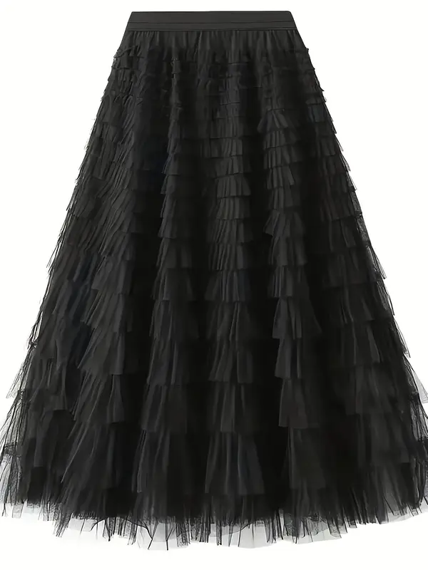 Women's Plain Ruffle Hem Tiered Layer Skirt, Elegant High Waist Long Skirt for Vacation Holiday Party, Ladies Bottoms for All Seasons,  Skirt 3