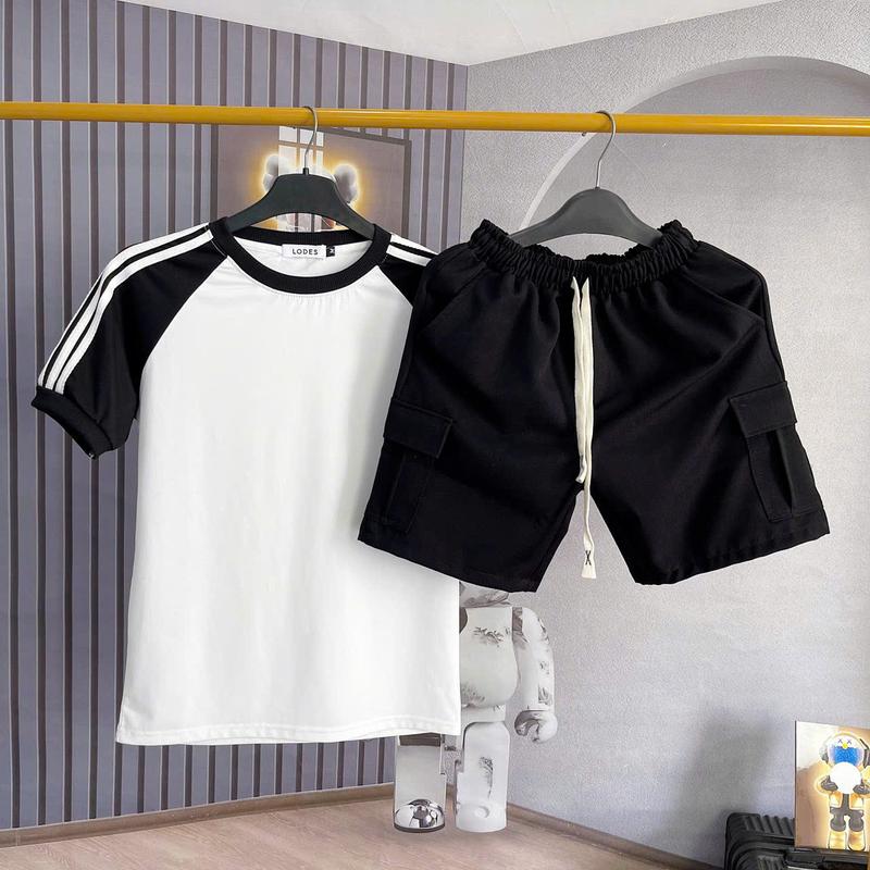 Bộ quần áo thun nam cổ tròn dập nổi tay ngắn, set đồ nam vải co dãn mềm mịn,mặc thoáng mát