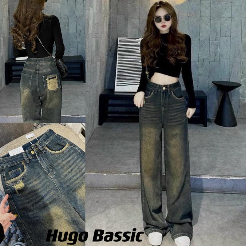 Quần Jean ống suông nữ túi sau rách cá tính - màu xanh rêu bụi hot trend 2024 Nữ Pants Quần Ong Kem quansuong namlun m5