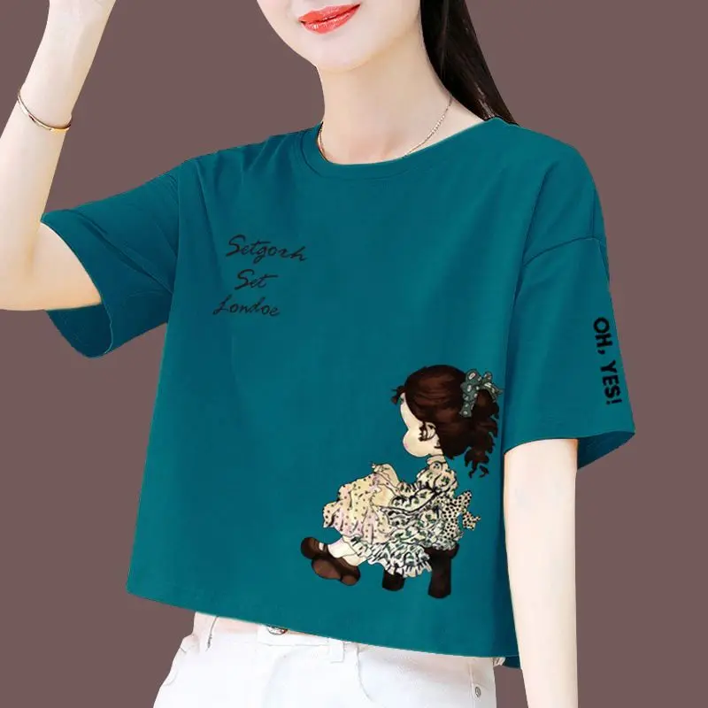 Áo Thun Ngắn, 100 Cotton, Dành Cho Nữ, Tay Ngắn, Phong Cách Hàn Quốc, Dáng Rộng Vừa Vặn, Hàng Mới Về 2024, Áo Thun Nữ Cạp Cao, Top, Cổ Tròn, Women