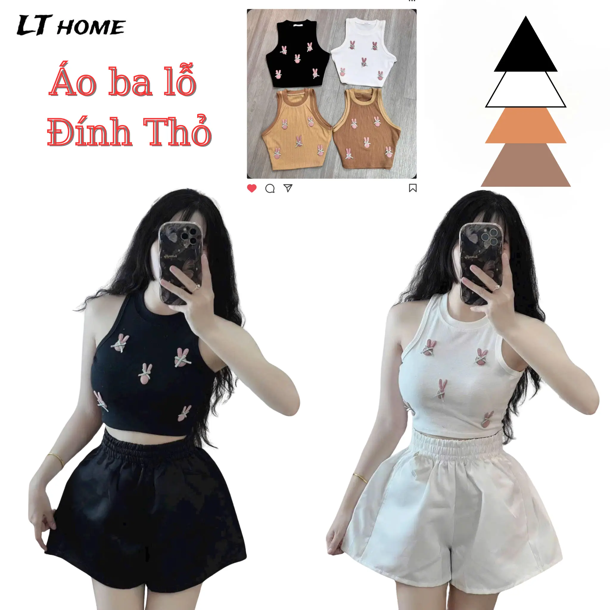 Áo kiểu nữ croptop 3 lỗ dáng ôm Lyihome, Áo thun co giãn đính phụ kiện thỏ xinh xắn thời trang trẻ
