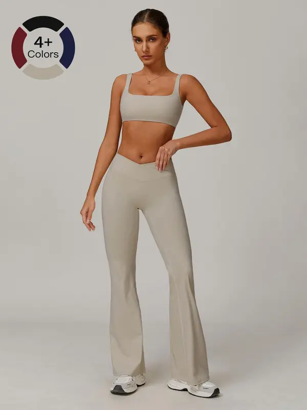 Women's Solid Backless  Crop Sports Bra & Flare Leg Pants Sports Set, Casual Comfy Breathable Two-piece Outfits for Yoga Gym Workout Running, Ladies Sportswear for All Seasons, Activewear, Athletic Tracksuit 2