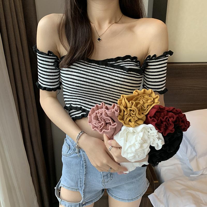 Product Introduction of Áo Sơ Mi Rốn Ngắn, Phong Cách Hồng Kông, Bó Sát, Cạp Cao, Cổ Chữ V, Trễ Vai, Áo Vest Len, Dành Cho Nữ, Trang Phục Mùa Hè 3